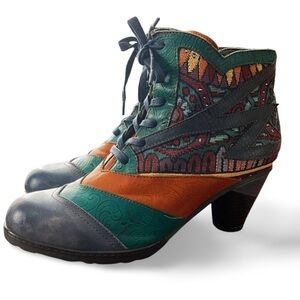Socofy Art Patchwork Heeled Boots EU 40 US 9 Boho Statement Ankle Boots